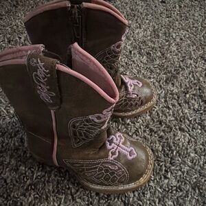 Brown and Pink Embroidered Girls' Cowboy Boots